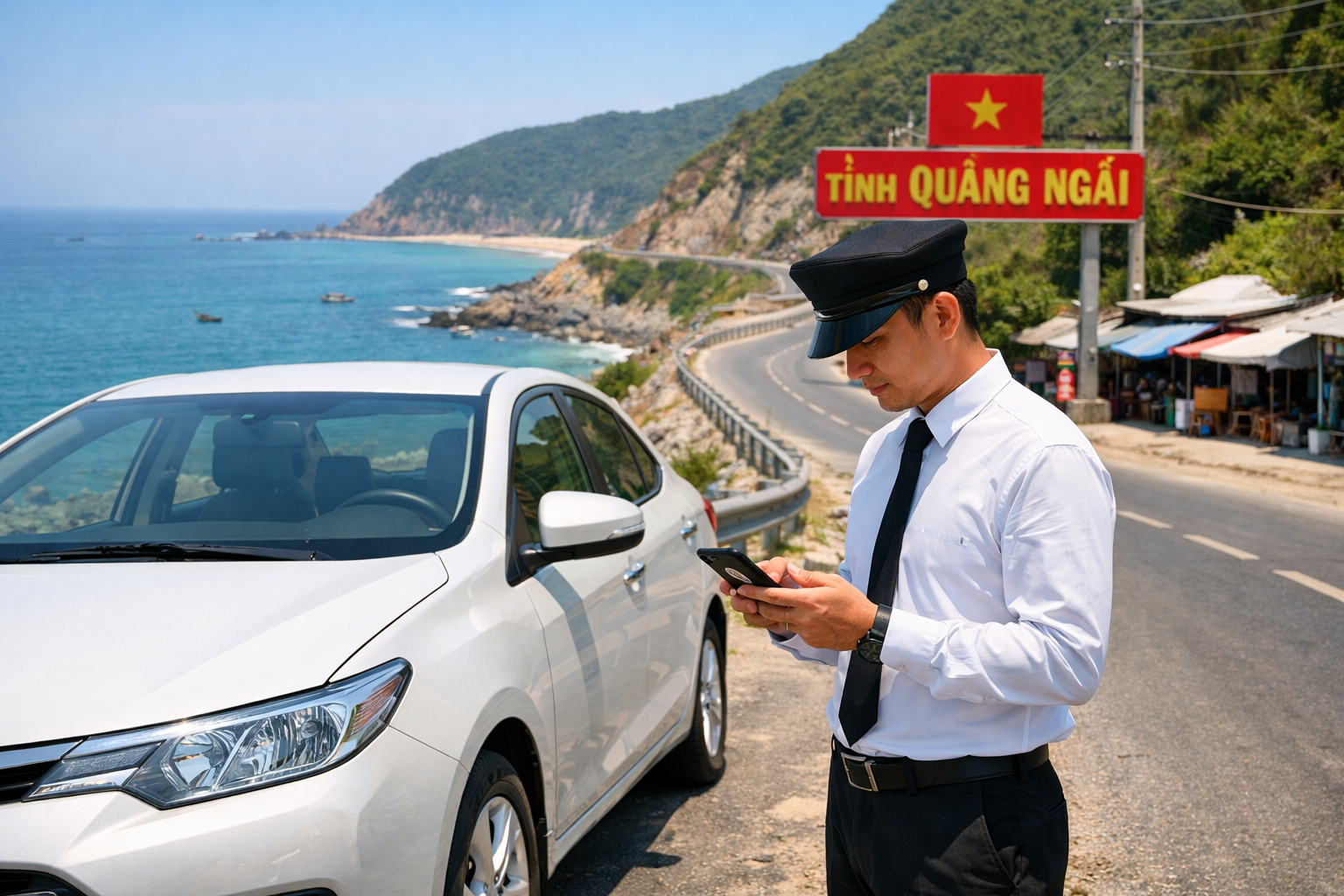 Tài xế chuyên tuyến kiểm tra lộ trình đi Biển Sa Huỳnh