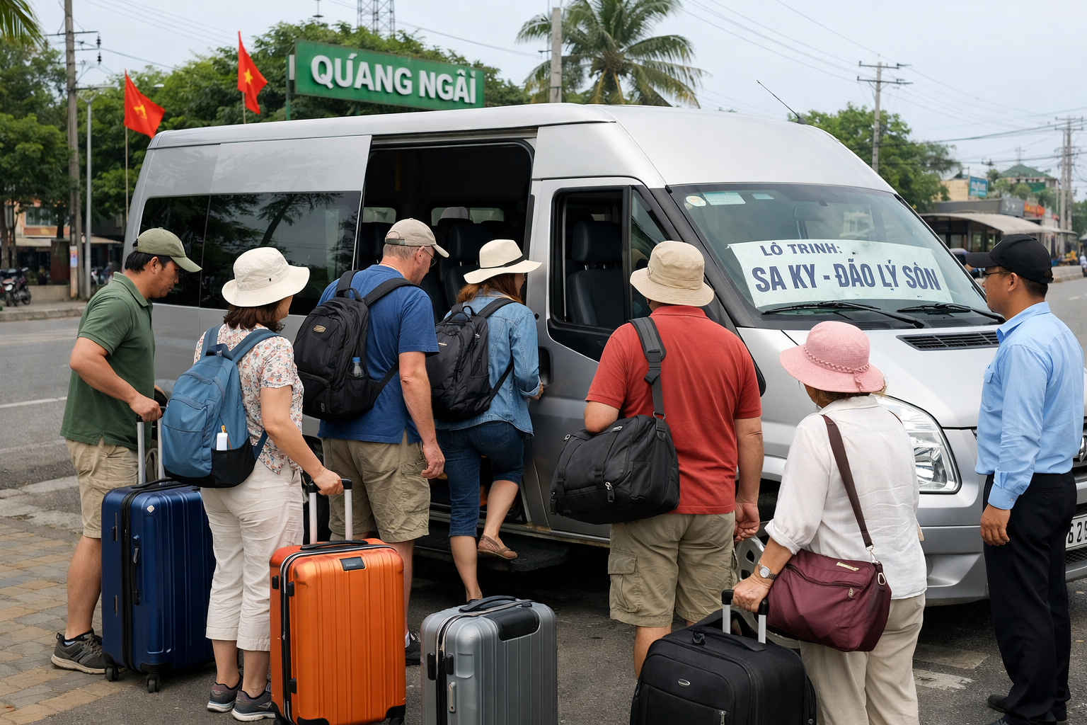 Đoàn khách du lịch lên xe hợp đồng đi Lý Sơn từ Quảng Ngãi