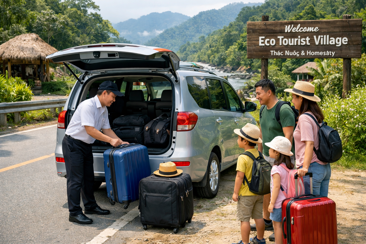 Tài xế hỗ trợ khách lên xe cho chuyến đi Thiên Đàng